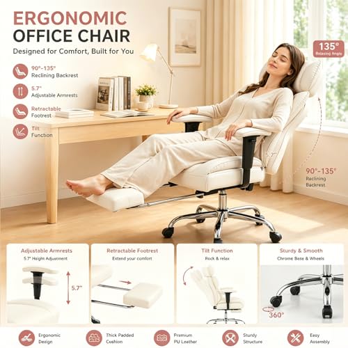Image of Big and Tall Office Chair 350 LBS, Scratch-Resistant PU Leather Executive Office Desk Chair with Footrest, Ergonomic Reclining Computer Chair with Pocket Spring Support for Home Office, Beige