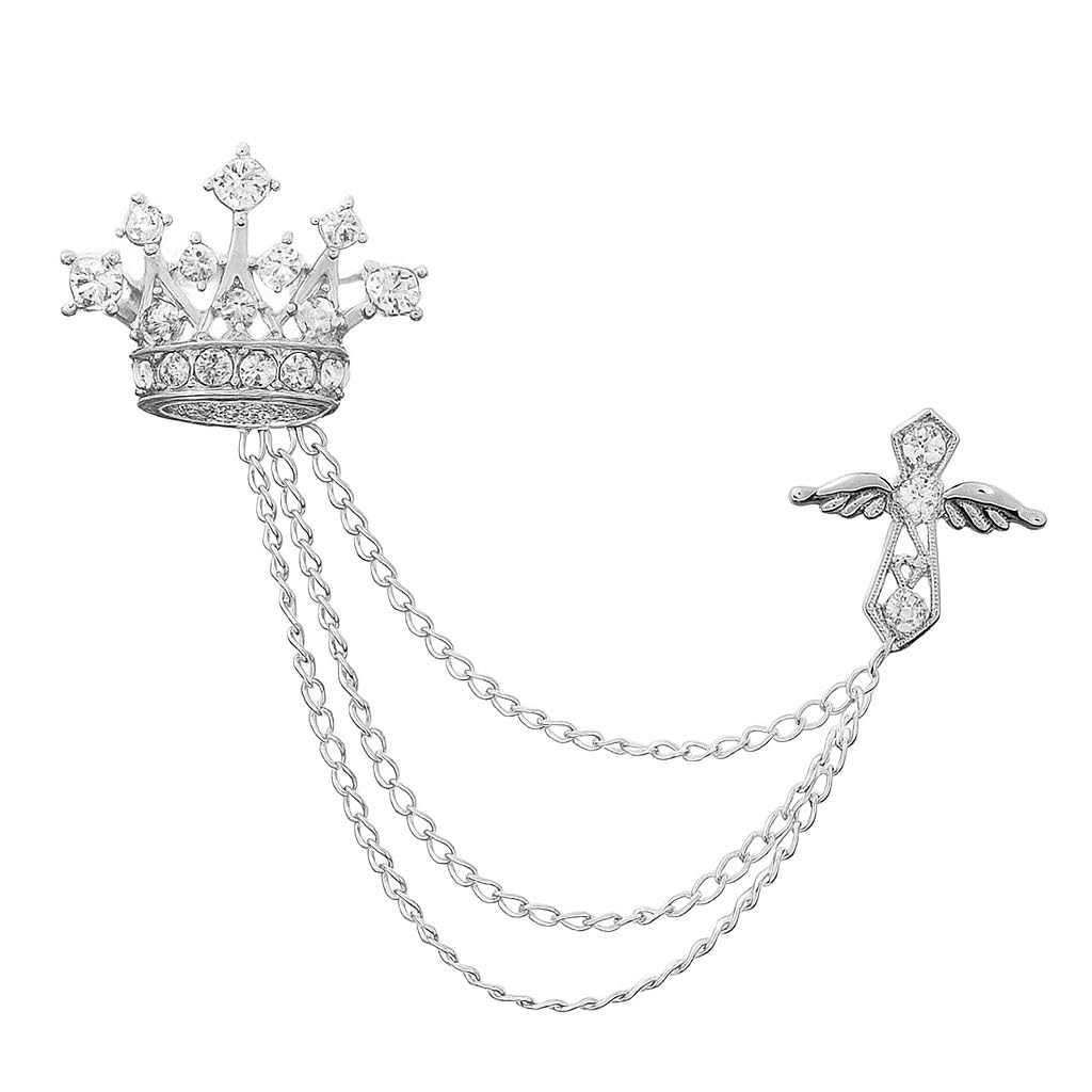 syga Men's & Women Regal Crown Suit Shirt Stud Lapel Pin Chain Tassel Brooch Pin with Crystal Chain(Silver)-picture-40