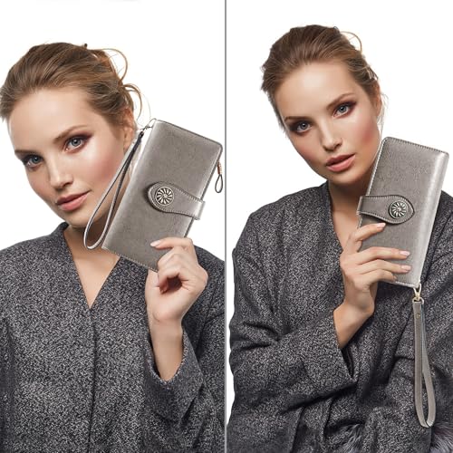 Image of Travelambo Women's Wallet RFID Blocking Credit Card Holder Large Capacity Wristlet Leather Wallets Purse, Light Grey, 7.5 inch x 4.1 inch x 1.3 inch, Retro