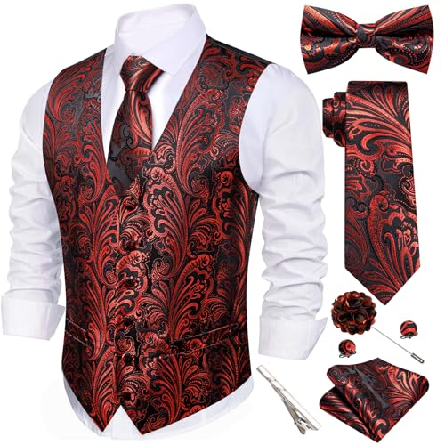 Image of Barry.Wang Men's Suit Vest Tie Bowtie Set Formal Silk Paisley Waistcoat Hanky Cufflinks Lapel Pin Set Wedding Party 7PCS