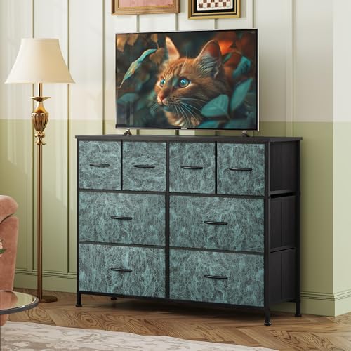 Image of WLIVE Dresser for Bedroom with 8 Drawers, Wide Fabric Dresser for Storage and Organization, Bedroom Dressers, Chest of Drawers for Living Room, Closet, Hallway, Vintage Green
