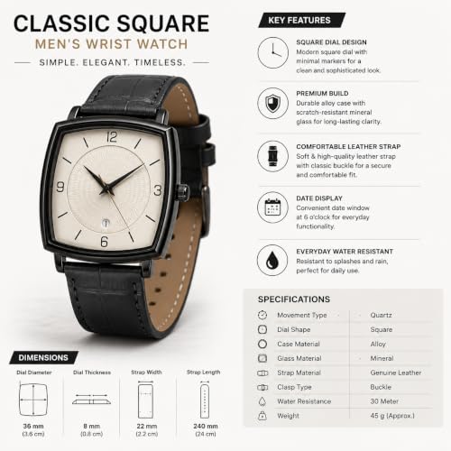 Image of Analog Watch for Man Black Leather Strap White Dial Luxury Rectangle Design