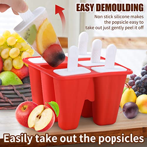 Popsicle Molds,Silicone Ice Pop Molds,Bpa Free Popsicle Mold Reusable Easy Release Ice Pop Maker,Homemade Popsicle Mould With Silicone Funnel And Cleaning Brush (Red, 6 Cavities) #TOP3