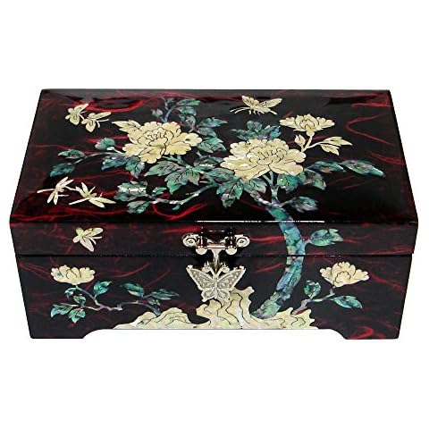 Mother of Pearl Inlay Flower Asian Lacquer Wood Women Lady Jewellery Ring Earrings Necklace Brooch Keepsake Trinket Treasure Gift Box Case Chest Organizer Storage Cover