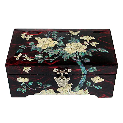 Mother of Pearl Flower Lacquer Wood Jewelry Necklace Ring Brooch Trinket Treasure Chest Box Case Storage