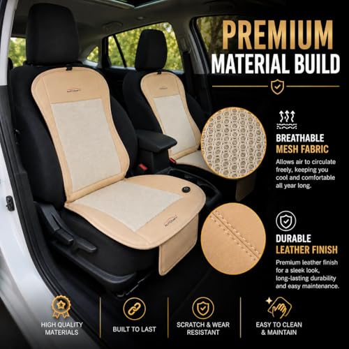 Image of Car Ventilated Cooling Seat Cushion Cover with 10 Powerful Fans & 3 Adjustable Cooling Levels, Breathable Fabric + Beige Leather Universal Fit for All Cars, Large Airflow
