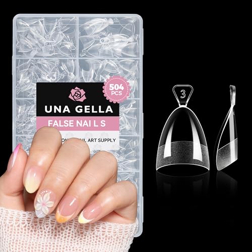 Image of UNA GELLA Short Almond Gel Nail Tips: 504PCS Acylic Nail Tips Almond Shape Extra Short Pre Etched Half Cover 12sizes Salon Quality Soft Press On Nails DIY for Home Nails Extension
