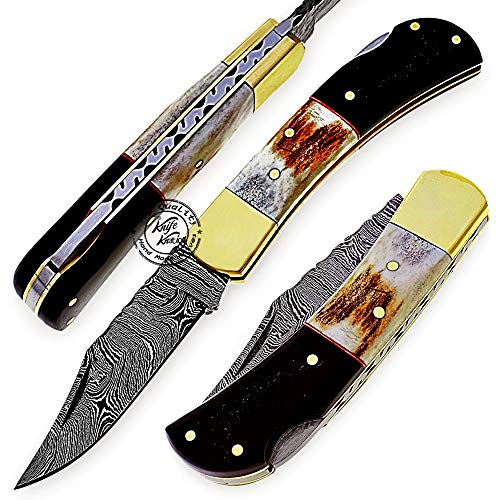 Stag Horn & Buffalo Horn Handmade Damascus Steel Folding Pocket Knife 100% Prime Quality