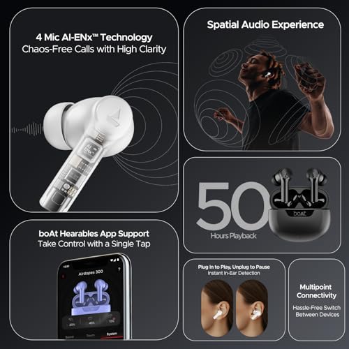 Image of Boat Airdopes 300, Cinematic Spatial Audio, 50H Battery, 4Mic AI ENx, Fast Charge, App Support, Low Latency, IPX4, v5.3 Bluetooth Earbuds, TWS in Ear Earbuds Wireless Earphones with mic (Purple Haze)