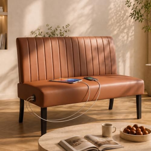 Image of Armless Loveseat, Faux Leather Loveseat with USB-C for Office, Brown