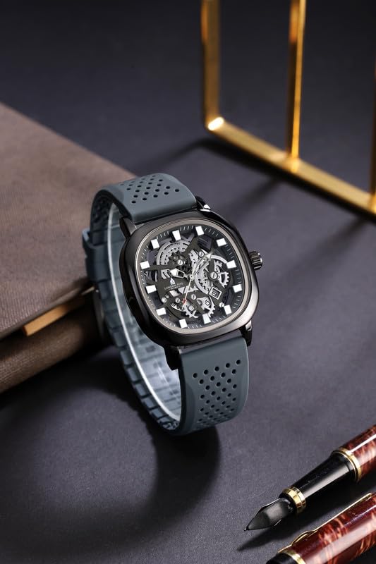 Image of London Fog Strand Collection Skeleton Style Quartz Watch for Men with Cushion Shaped Case, Date Display, Luminous Hands & Baton Hour Markers and Perforated Silicone Strap - LFM10026