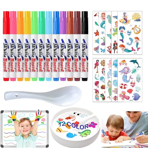 12pcs Rotuladores Agua Magicos, Rotuladores Mágicos Agua, Magic Pen con Cuchara y 2 Pegatinas de Tatuajes, Rotulador de Agua, Rotuladores para el Agua, para Graffiti Dibujo Escritura Pizarra Ropa (B)