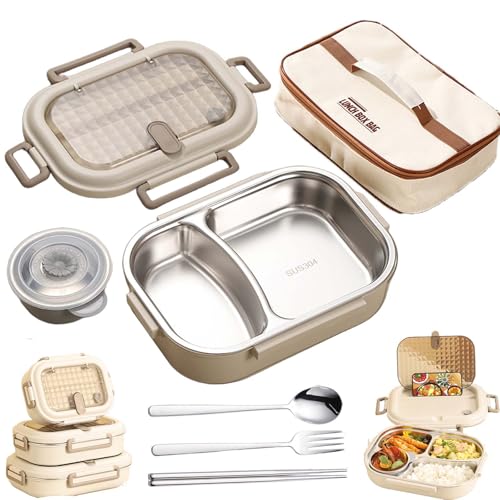 Microwaveable Stainless Steel Insulated Bento Box for Kids/Adults, Large Capacity Partition, with Soup Bowl Spoon and Fork, Leak proof, Microwavable, Dishwasher Safe (2 Compartments+ bag,1000ML)