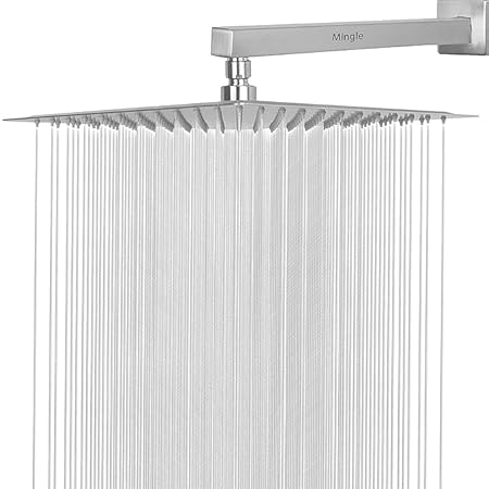 MingleMirror Stainless Steel 12 * 12 304 Straight Ultra Slim High Pressure Rainfall Shower Head for bathroom With 24inch Arm Fit (Pack of 1)