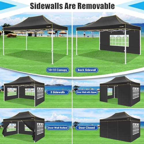 Image of HOTEEL Canopy Tent 10x15 Heavy Duty Pop Up Canopy with Sidewalls, Party Tent with Roller Bag for Event Wedding, Upgraded Commercial Waterproof Instant Canopy, Thick Hexagonal Legs, UPF50+, Black