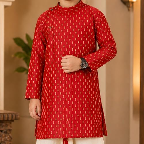 Image of superminis Boy's Cotton Kurta with Dhoti - Golden Thread Work, Solid Round Collar, Full Sleeves, Side Button Kurta Set for Ethnic Wear