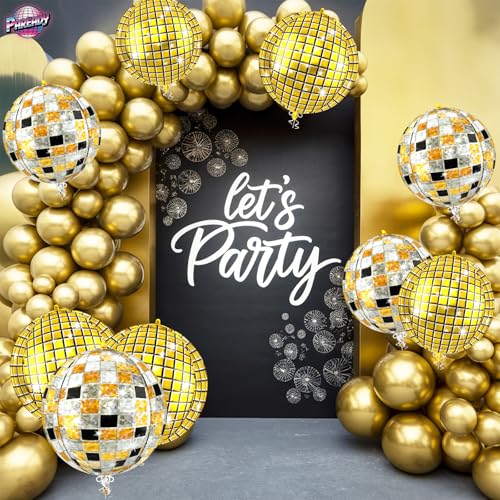 Image of 6pcs 22 Inch Multicolor Disco Ball Balloons, Gold Big Disco Balloons, Black Silver Gold 4d Large Foil Aluminum Balloon For Birthday Baby Shower 70s 80s 90s Theme Party Wedding Engagement Graduation