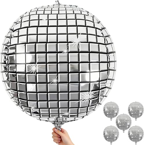 Image of Disco Ball Balloons 32 Inch 5 Pcs 4D Ball Balloons Metallic Silver Disco Mylar Balloon Chrome for Birthday Bachelorette 70s 80s 90s Themed Graduation Retro New Year Eve Prom Party Decorations