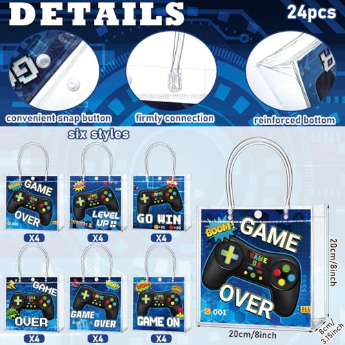 Teenyyou 24 Pcs Video Game Party Favor Bags PVC Clear Goodie Treat Tote Gift Bags with Handles Gaming Theme Birthday Party Supplies
