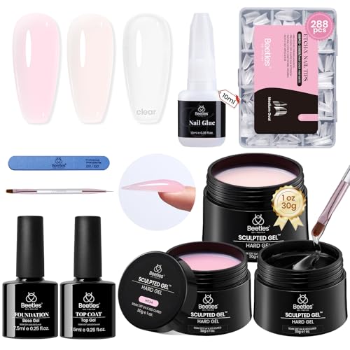 Beetles Hard Gel Nails Kit 3 Colors Clear Nude Pink Sculpted Gel Nail Extension Sculpting High Hardness for Salon Pros Women Nude Pink & Clear Builder Nail Gel with Medium Oval Tips UV & LED Cured