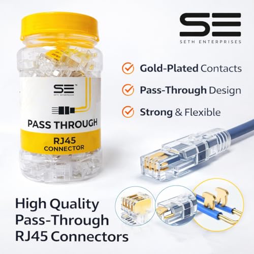 Image of RJ45 CAT5 Pass Through Connectors 50pcs | High Speed Ethernet Crimp Plug for LAN Cable, & UTP Network Ends for Solid and Standard Wire | Easy Termination Connector for Router Setup