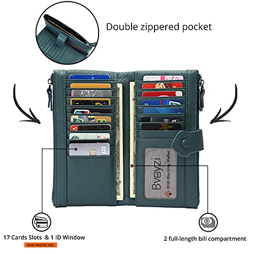 Image of Bveyzi Women Soft Leather RFID Blocking Bifold Slim Wallets Ladies Credit Card Holder Double Zipper Pocket | Soft