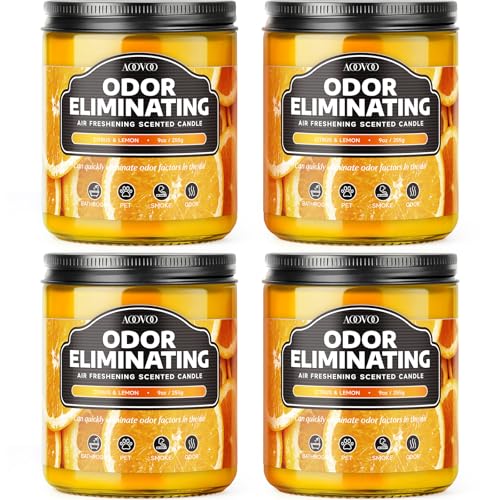 AOOVOO 4 Pack Citrus Lemon Odor Eliminating Highly Fragranced Candle Set - Eliminates 95% of Pet Smoke Food and Other Smells Quickly Non Toxic Air Freshing Soy Candle