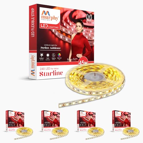 Image of Murphy 45W LED Strip Light 2835 High Lumen 5 Metre (240 LEDs /Mtr) Warm White - 12V DC 10A Driver Included | Cove /False Ceiling /Decor Light (Pack of 5, 1-Year Warranty)
