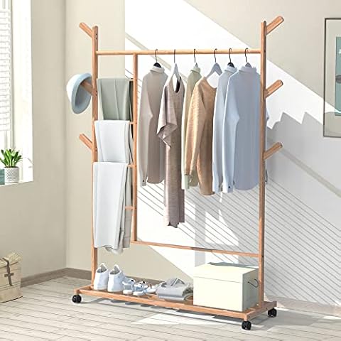 GAZHOME Clothes Rails Clothing Rail for Bedroom Storage, Bamboo Coat Rack for Hanging Clothes, Garment Rack with Shelves and Wheels for Organizing Clothes Towel and Shoes Cover