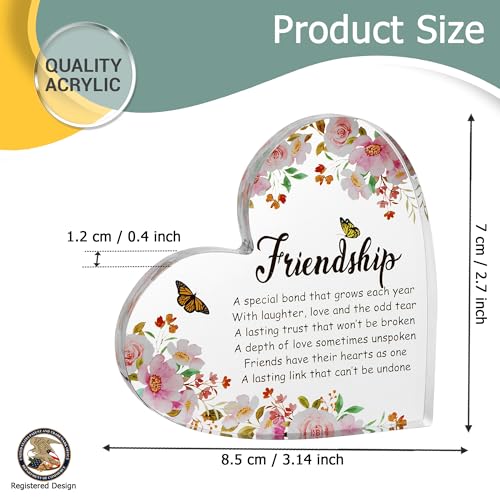 Image of Cute Best Friends Gift - Acrylic Heart Plaque With Beautiful Floral Decorative Ornament - Sweet Transparent Friendship Gift for Birthday
