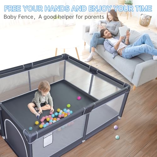 XVISHX Baby Playpen, 50 x 50 inch Baby Playard, Playpen for Babies and Toddlers, Baby Fence play Pen for Indoor & Outdoor, with Soft Breathable Mesh,No Gaps Playpen for Babies, Grey - Thumbnail 2