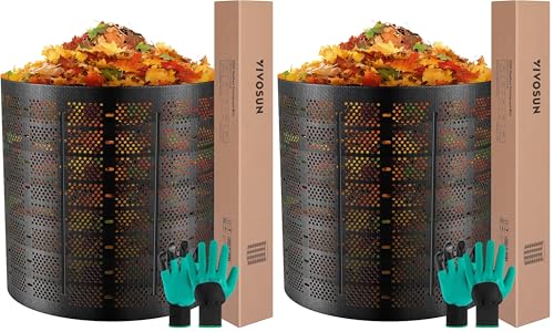 VIVOSUN 220 Gallon Outdoor Compost Bin, Expandable Composter, Easy to Setup & Large Capacity for Backyard, Lawn (Black with Gloves) (Pack of 2)