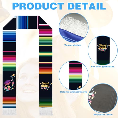 CANIPHA Black Graduation Stole Graduation Sash 2025 for Graduation\'s Day, Mexico Flag Graduation Sashes and Stoles with Flowers, Mexican Graduation Stole class of 2025, Graduation Gift - Thumbnail 3