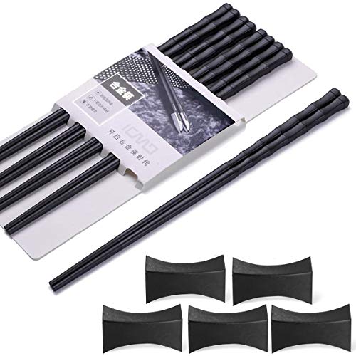 Palillos para comer 5 pares + 5 piezas de palillos japoneses Chopsticks Negro chino palillos de aleación para vajilla asiática reutilizables Palillos lavables para lavavajillas Set