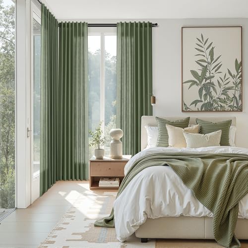 Image of Nanspring Forest Green Linen Curtains for Living Room 120 Inches Long Light Filtering Semi Sheer Curtain Back Tab Wabi Sabi Boho Decor Floor to Ceiling High Window for Bedroom Office 52x120, 2 Panels