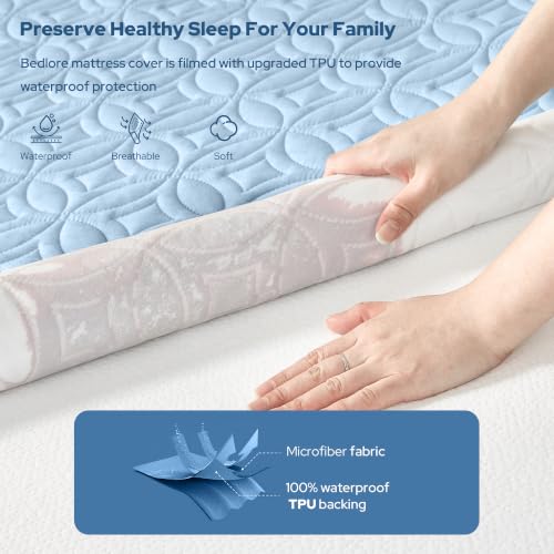 Image of BEDLORE Waterproof Mattress Protector, Twin XL Size Mattress Pad with Deep Pocket 6 inch-15 inch Depth, Soft Breathable Dirt-Proof Bed Mattress Cover for Bedroom, College Dorm (Sky Blue)