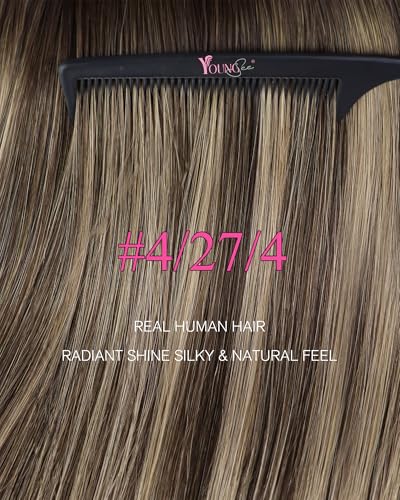 Image of YoungSee Hair Extensions Tape in Dark Brown, Human Hair Tape in Extensions, Balayage Dark Brown Ombre Caramel Blonde Tape Hair Extension, for Natural Looking, 18 Inch 20pcs 50g