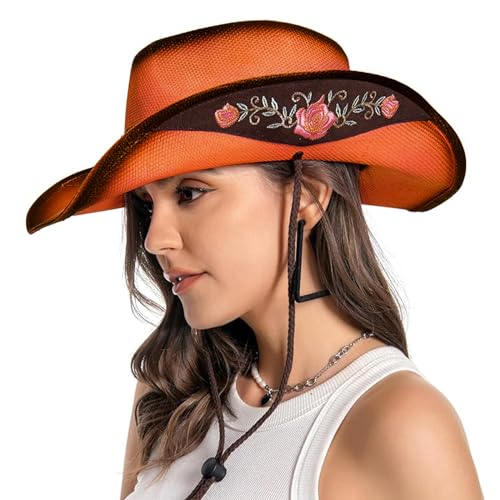 Image of Cowboy Hats for Women, Brown Cowgirl Hats Classic Straw Western Hats for Women Music Festival Party Beach.