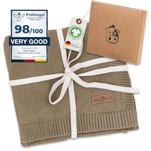 Minky Mooh Manta para bebé de 100% algodón orgánico, Certificado Öko-Tex 100, Manta de Punto, Manta para Gatear y Envolver, Regalo para Nacimiento y Equipamiento Inicial, 94 x 72 cm, Arena cálida