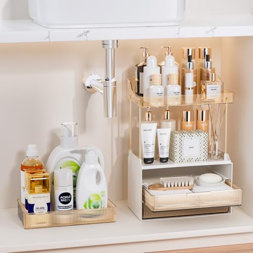 Image of Delamu 5-Tier Makeup Organizer, Bathroom Counter Storage, 3 Drawers, Amber