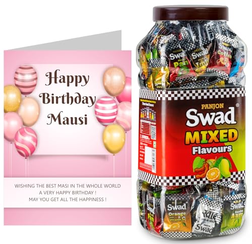 Image of Swad Happy Birthday Masi /Mausi Gift with Card (Swad Mixed Flavours Candy 200 Jar & 1 Greeting card) 2 units