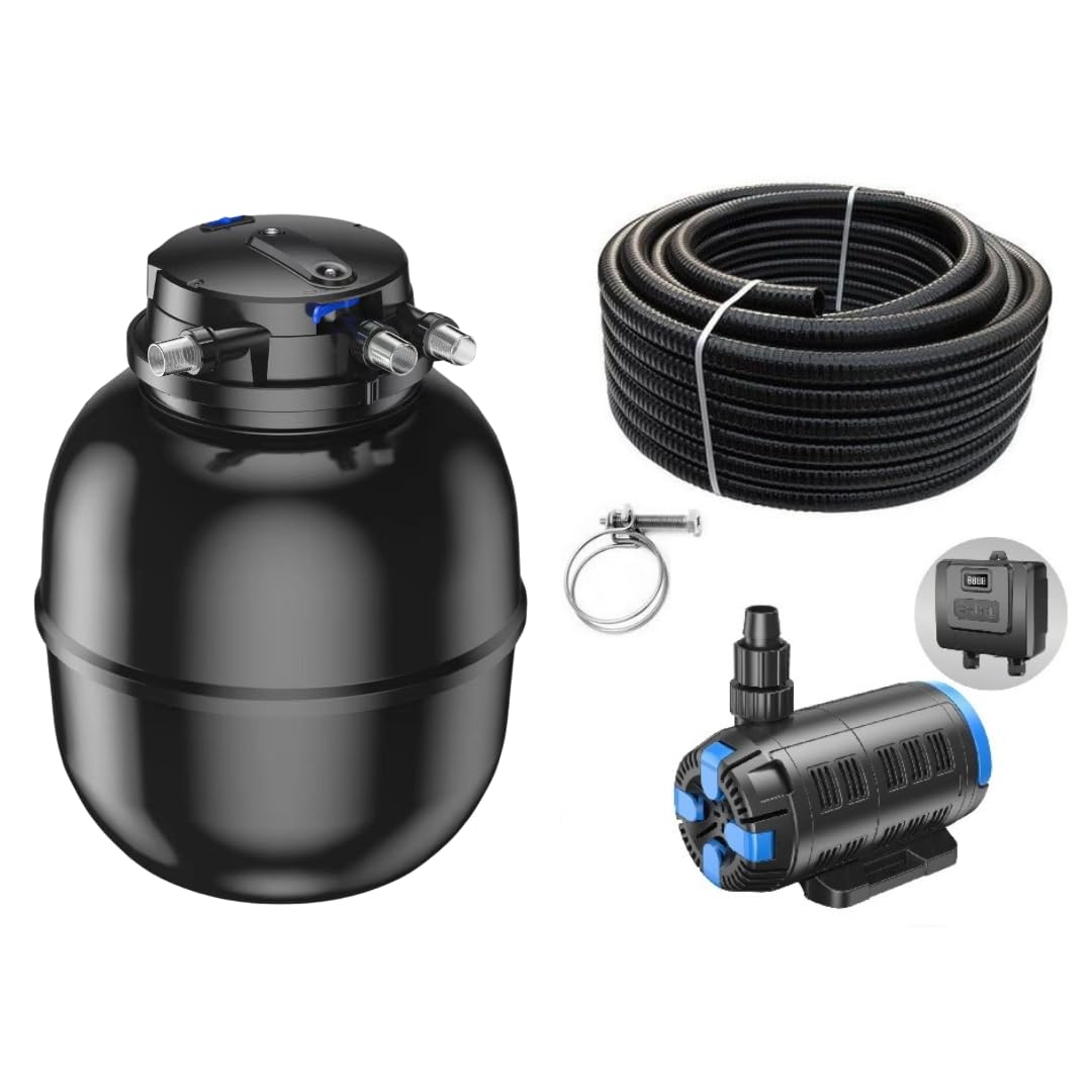 AquaOne Zestaw filtrów do oczka wodnego z pompą do stawu, instalacja filtrująca CPA-75000 do oczka wodnego do 100 000 litrów I kompletny zestaw z regulowaną lampą UV Eco Pompa 37-180 Watt Skimmer wąż do stawu nr 67