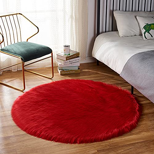 Alfombra redonda de piel de oveja sintética suave para sofá, antideslizante, duradera, para sala de estar, dormitorio, guardería, habitación del bebé, 100 cm, color rojo