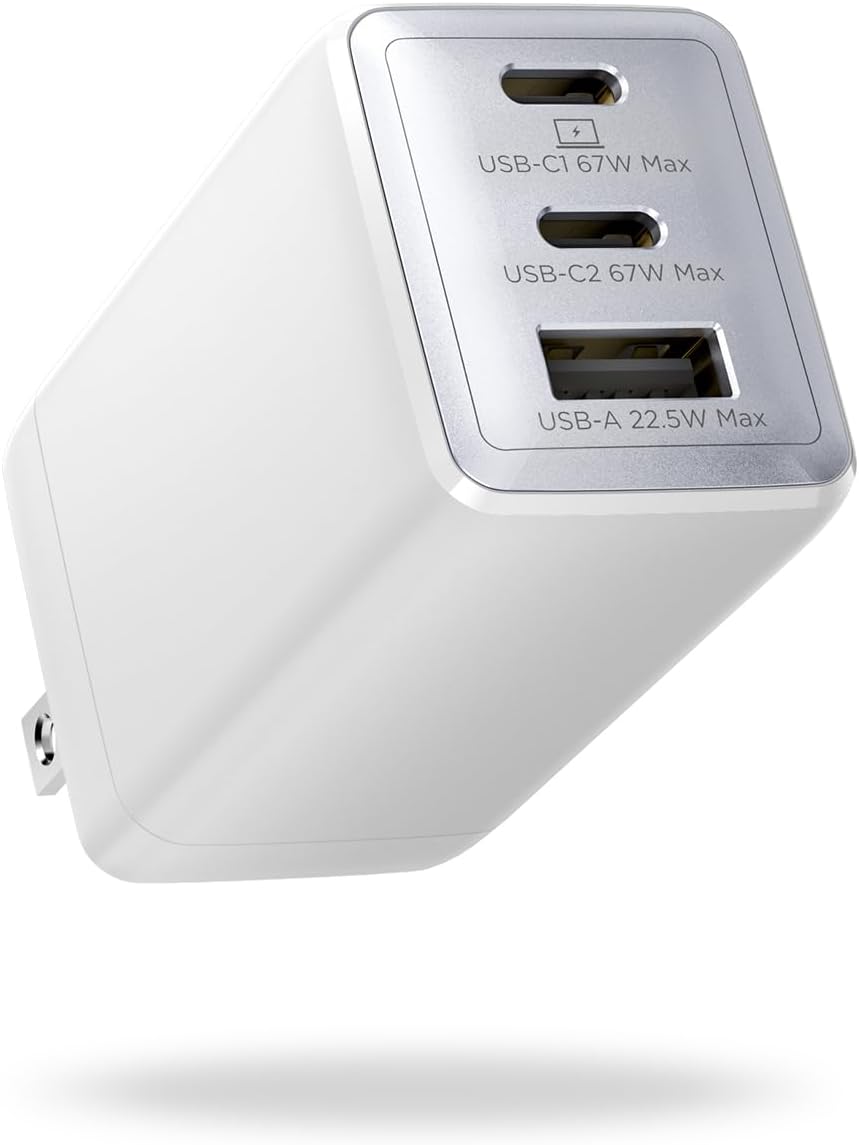 67W USB C Charger, 3-Port GaN Fast Charging Block with Foldable Plug, Compatible with MacBook Pro/Air, iPad Pro, iPhone 16/15/Pro, Galaxy S25/S24, Note20, Pixel, Apple Watch, (White)