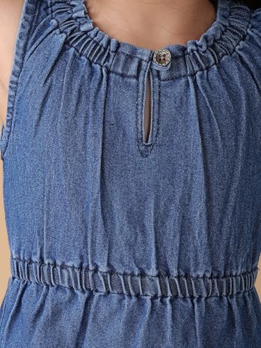 Image of superminis Girls Denim Solid Color Half Sleeves Dress with Embroidered Pocket (1 Dress)