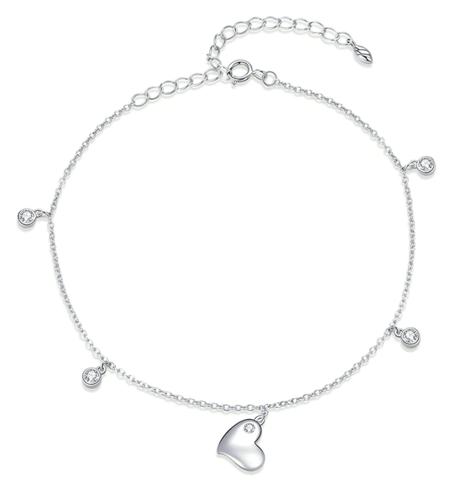 Sudemota Women's Platinum,White Anklets Ankle Bracelets Romantic 925 Sterling Silver Love Heart Zircon Adjustable Anklet Leg Chain For Elegant Foot Jewelry