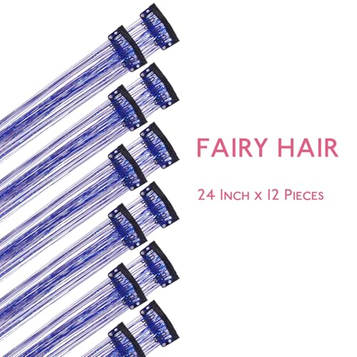 Image of WENNALIFE Hair Tinsel kit for Girls, Clip in Sky Blue, 12PCS 24 Inch Hair Accessories for Women Clip in Colorful Glitter Tinsel Hair Fairy Girls Hair Accessories for Kids