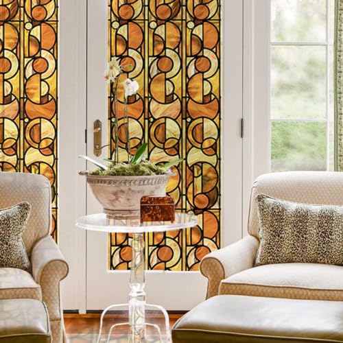 Chicskin SE708-UV-30X300CM-GD-FBA Hand Drawn Stained Glass Window Film Decorative Vintage, Double-Sided Window Privacy Film Boho Suitable For Entryway, Geometric Glass Window Clings 11.79 Inchx117.9 Inch cover