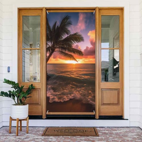Couverture de porte de bienvenue au printemps - Grande bannière à suspendre - Palmier - Coucher de soleil - Plage - Panneau de bienvenue - Panneau de bienvenue pour porte d'intimité - Rideaux de porte