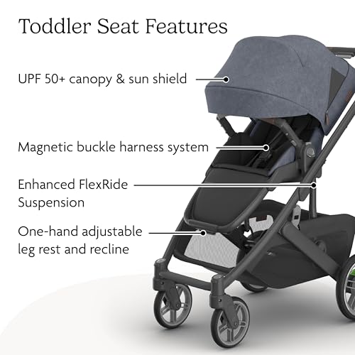 Image of UPPAbaby Cruz V3 Stroller - from Birth + Car Seat Compatible - Full-Size, Reversible Seat - Infant Insert, Bug and Rain Shields Included - Julian (Dusty Blue Melange /Carbon Frame /Chestnut Leather)